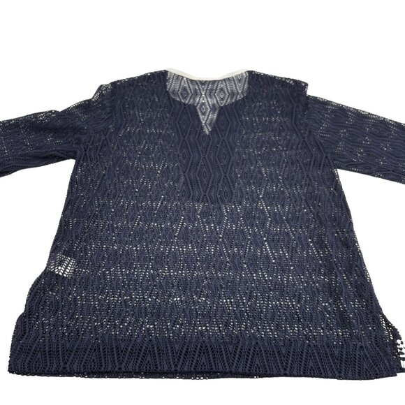 Alfred Dunner Petite Navy Crochet Tunic Top PM 3/4 Sleeves Pullover - Picture 4 of 4